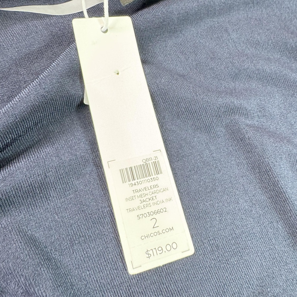 Chico's Cardigan Sweater Womens Large Blue Travelers Inset Mesh 3/4 Sleeve - Picture 5 of 10